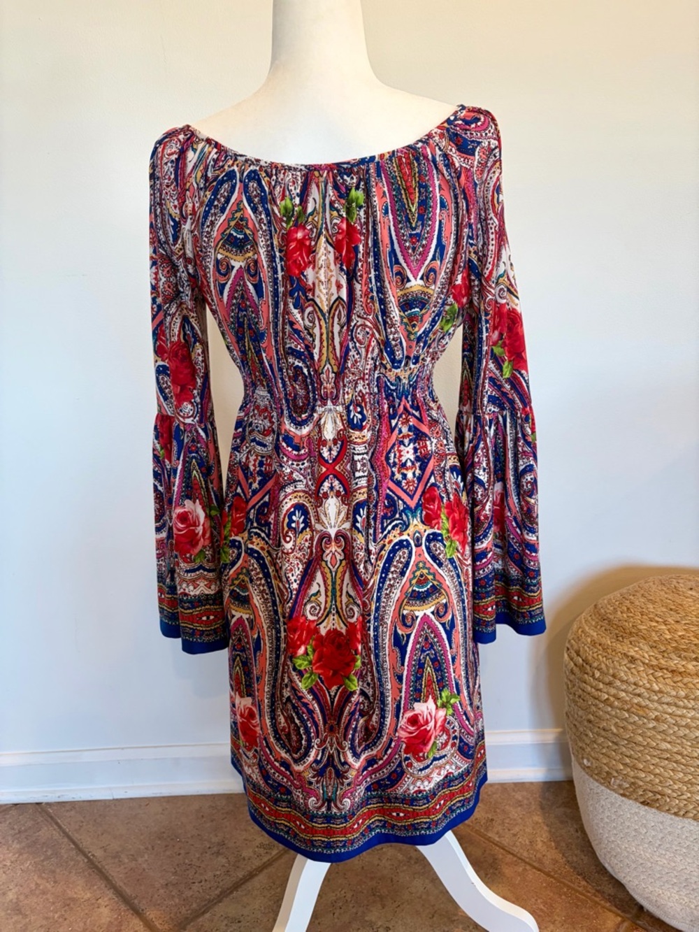 Boston Proper Boho Floral Paisley Off-Shoulder Mini Dress in Multi-Color - Picture 2 of 6